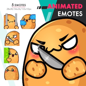 Könnte beinhalten: Animiertes Kartoffel-Emote-Set mit fünf verschiedenen Ausdrücken. Die Kartoffel hält ein Messer, ist hinter Gittern, hält einen blauen Pompon, schaut hinter einem grünen Busch hervor und hat einen mürrischen Ausdruck.