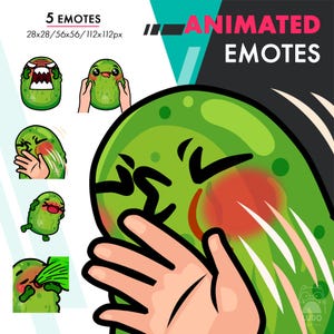 Könnte beinhalten: Animiertes grünes Gurken-Emoji mit einem roten Rouge auf der Wange. Die Gurke wird von einer Hand mit weißen Krallen gekratzt. Der Text "ANIMATED EMOTES" ist im Hintergrund.