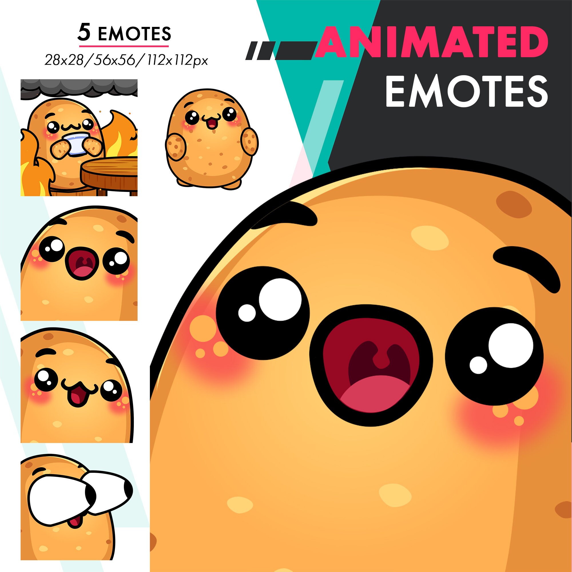 Animated Potato Emotes Pack 5, 5 Cute Potato This is Fine, OMG, Brows Emote Set For Streamers