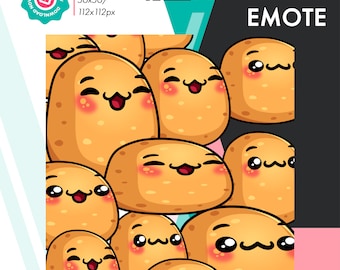 May include: Animated emoji of a group of cartoon potatoes with different facial expressions. The potatoes are yellow and have brown eyes. The background is a colorful geometric pattern.