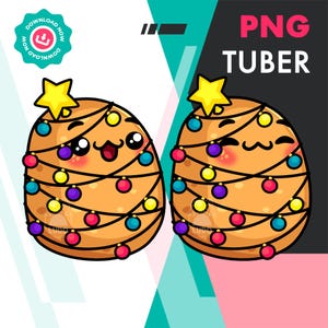 May include: Two cartoon potato characters decorated as Christmas trees. Each potato has a yellow star on top, string lights with colorful bulbs, and smiling faces. The image includes the text "PNG TUBER".