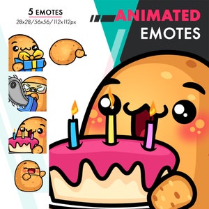 Animated Potato Emotes Pack 8, 5 Cute Potato Birthday Cake, Gift, Bongo Tap Emote Set For Streamers
