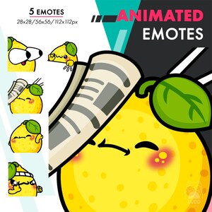 May include: Animated lemon emotes with 5 different expressions. The lemon is yellow with a green leaf and has a red blush on its cheeks. The lemon is wearing a newspaper hat in one of the emotes. The text "ANIMATED EMOTES" is in the background.