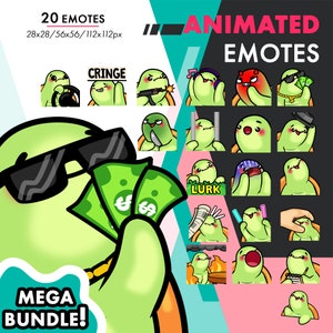 May include: A set of 20 animated emotes featuring a green turtle character in various poses and expressions. The emotes are designed for use in online chat and messaging. The emotes are available in a mega bundle.