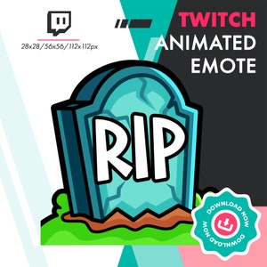 May include: A cartoon-style animated Twitch emote featuring a teal tombstone with the letters "RIP" in white. The tombstone is set against a green and brown landscape, with a "Download Now" button in the corner. The image also includes the Twitch logo.