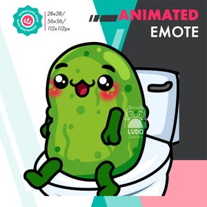 Könnte beinhalten: Ein grünes, cartoonartiges animiertes Emote eines lächelnden, bohnenförmigen Charakters, der auf einer Toilette sitzt. Das Emote hat rosige Wangen und ist mit "Animated Emote" beschriftet. Das Bild enthält einen "Download Now"-Button.