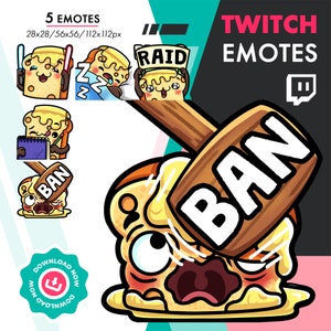 May include: Five Twitch emotes featuring a cartoon character that looks like a slice of bread with a face. The emotes are in different poses, including sleeping, holding a sign that says "RAID", holding a notebook and pencil, and being hit with a wooden mallet that says "BAN".