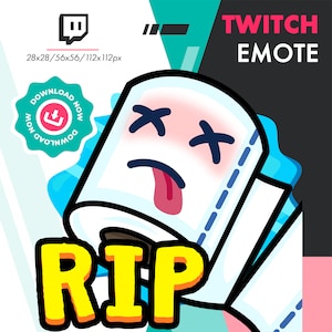 Op de afbeelding: Een witte cartoon wc-rol met een verdrietig gezicht, doorgestreepte ogen en een rode tong die uitsteekt. De tekst "RIP" staat in gele letters onder de rol. De afbeelding is een Twitch-emote.