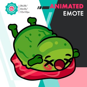 Op de afbeelding: Geanimeerd groen wezen met een rood gezicht en X'en voor ogen, liggend op een rood-wit gestreept kussen. Het wezen is gelabeld met "ANIMATED EMOTE".