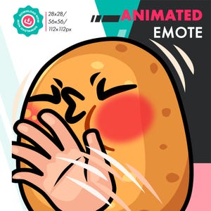 May include: Animated emote of a potato with a red blush on its cheek, covering its face with its hand. The potato has a surprised expression and is blushing.