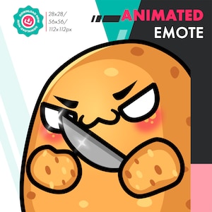 Puede incluir: Emoticono animado de una patata con una expresión amenazante sosteniendo un cuchillo. La patata tiene un rubor rojo en las mejillas y está dibujada en un estilo de dibujos animados.