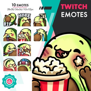 Twitch Avocado Emote Pack | Cartoon Avocado Sip, Cozy Blanket, Rip, Hype Emote Set for Streamers