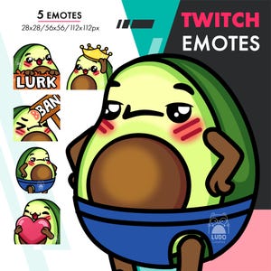 Avocado 5 Emote Pack, Cute Avocado Heart, Hands on Waist, Lurk Still Emote Set for Twitch, Discord, Youtube, Kick Streamers