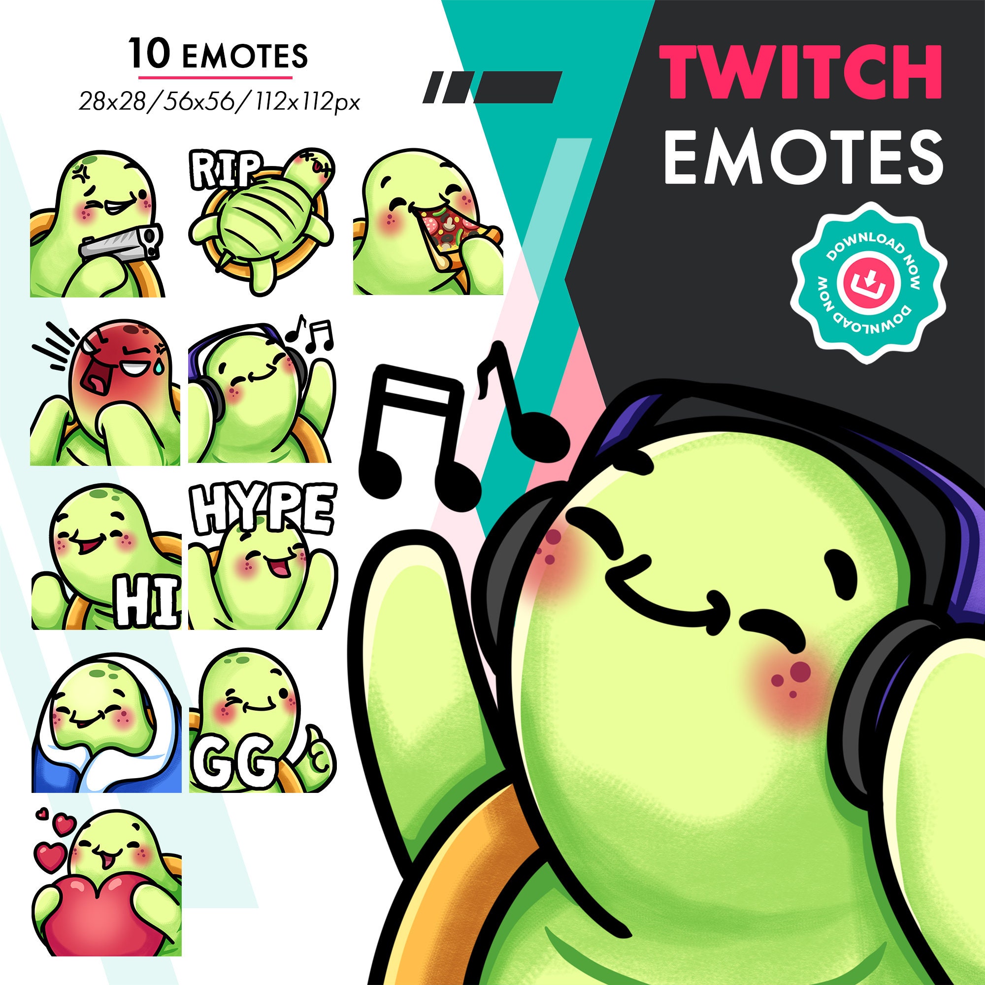 Twitch Turtle Emote Pack | Cute Tortoise RIP, GG, Hype Emote for Twitch ...