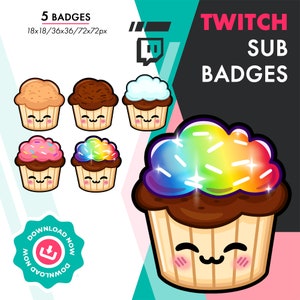 Twitch Sub Badges | 5 Cute Cupcake Muffin Sub Bit Cheer Badges Pack for Streamers