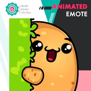 May include: Animated emote of a cartoon potato with a happy expression, peeking out from behind a green leafy plant. The potato has large eyes, a wide smile, and a small, brown potato in its hand.