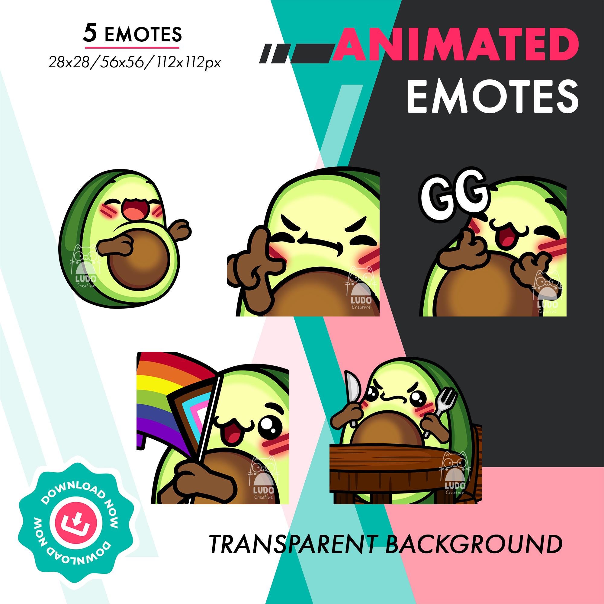 Animated Avocado Emote Pack 5, 5 Cute Avocado Hungry, Laugh, Flag Emote ...