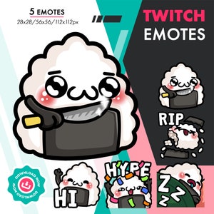May include: Five Twitch emotes featuring a white rice ball character with different expressions. The emotes include "RIP", "Hype", "Zzz", "Hi", and a rice ball holding a knife.