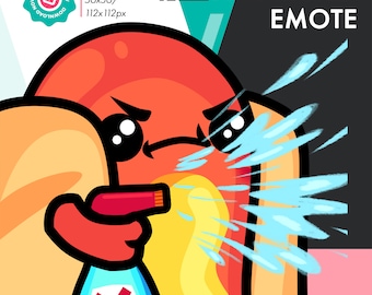 May include: Animated emote of a red and yellow hot dog with a grumpy expression, holding a blue spray bottle with a red X on it, spraying a stream of blue liquid.