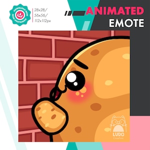 Pode incluir: Um emote animado de batata de desenho animado com uma bochecha corada, um olho preto grande e uma boca pequena em forma de batata. O fundo é uma parede de tijolos. O texto "ANIMATED EMOTE" é exibido no canto superior direito.