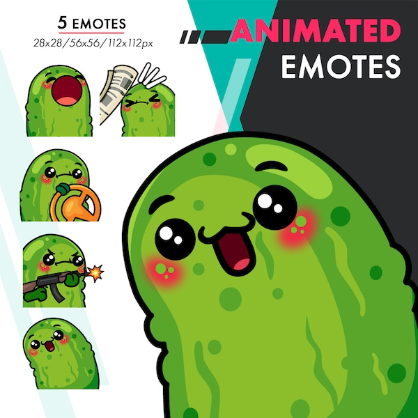 Animated Pickle Emotes Pack, 5 Cute Pickle Wiggle, Steer, Aim Emote Set For Twitch Streamers