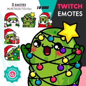 May include: Five Christmas-themed Twitch emotes featuring a green cartoon character dressed as a Christmas tree. The character is wearing a Santa hat, holding a gift, and is decorated with colorful lights and ornaments. The emotes are available in five different sizes: 28x28, 56x56, 112x112 pixels.
