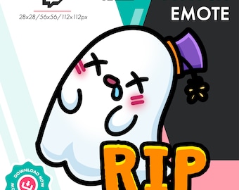 May include: A white ghost with a purple hat and a black and yellow flower. The ghost has a sad expression with X's for eyes and a tear coming from one eye. The text "RIP" is written in orange letters below the ghost.