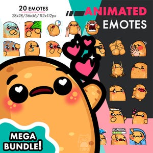 Mega Animated Potato Emotes Pack 4, 20 Cute Potato Love, Uppies, HUH Emote Set For Twitch Streamers