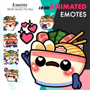 Animated Ramen Emotes Pack 3, 5 Cute Noodle Love, Wave, Hype Emote Set For Streamers