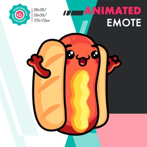 May include: A cartoon hot dog with a happy expression, wearing a yellow mustard and a bun. The hot dog is waving with both arms. The background is a colorful geometric pattern.