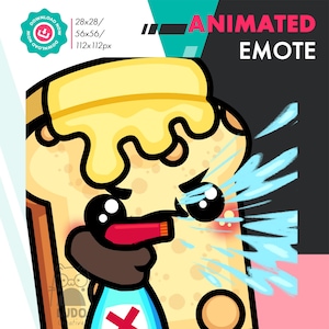 Puede incluir: Emoticono animado de una rebanada de pan de dibujos animados con una cobertura amarilla, que lleva una camisa azul con una cruz roja, sosteniendo una botella de spray roja y blanca y rociando agua. El pan tiene un rubor rojo en la mejilla y está haciendo una expresión frustrada. El texto "ANIMATED EMOTE" está en el fondo.