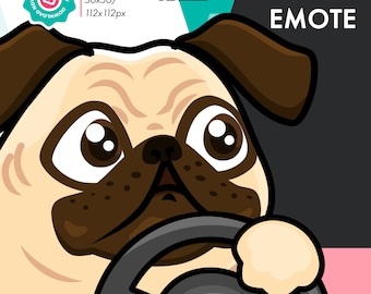 May include: A cartoon pug dog with brown ears and a brown nose is driving a car. The dog has a serious expression on its face and is looking straight ahead. The background is a black and white checkered pattern. The text "ANIMATED EMOTE" is written in white letters on a black background.