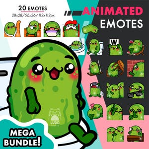 May include: A digital art graphic featuring 20 animated emotes of a green pickle character with various expressions and poses. The text "ANIMATED EMOTES" and "MEGA BUNDLE!" are displayed. The emotes are sized at 28x28, 56x56, and 112x112 pixels.