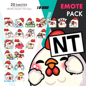 Paquete de emoticones Mega Chicken: 20 adorables emoticones de pollito con forma de corazón, ban, hype y Rip Still para Twitch, YouTube, Discord y Kick Streamers.