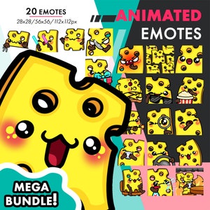 May include: A set of 20 animated emotes featuring a cute cartoon cheese character in various poses and expressions. The emotes are available in four sizes: 28x28, 56x56, 112x112, and 112x112 pixels. The text "ANIMATED EMOTES" and "MEGA BUNDLE!" is also included in the image.