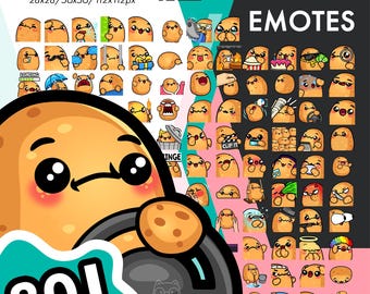 Pacote com 80 emotes animados de batata, o conjunto definitivo de emotes fofos de batata: batata girando, se mexendo e borrifando, perfeito para streamers da Twitch.