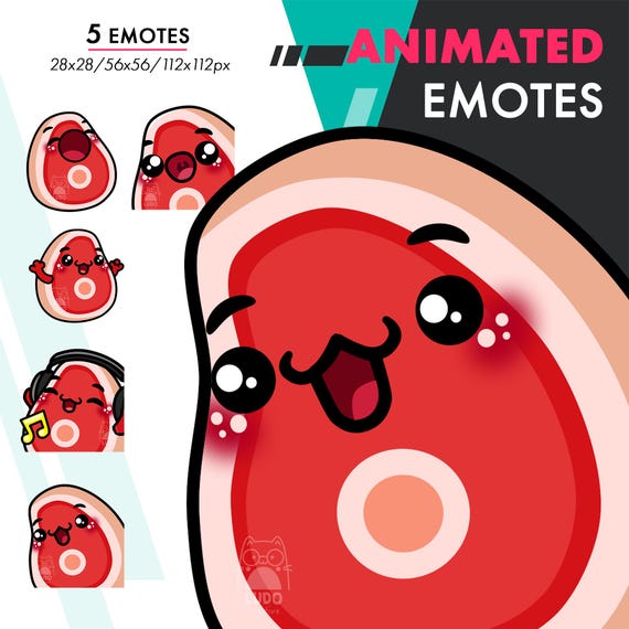 Animated Steak Emotes Pack 1, 5 Cute Food Wiggle, OMG, POP Emote Set for Twitch Streamers