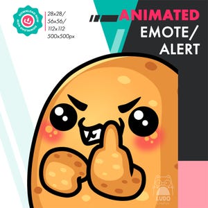 May include: Animated emote/alert graphic featuring a cartoon potato with an angry expression, giving the middle finger. The potato is light brown with dark brown spots, black eyes, and rosy cheeks. Text includes "ANIMATED EMOTE/ALERT" and size options.