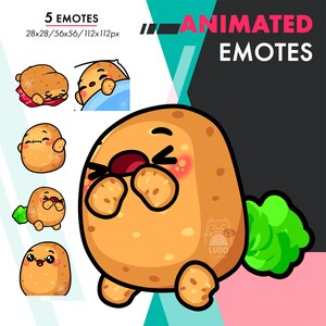 May include: Animated potato emote set with five different expressions. The potato is brown with a green leafy tail. The expressions include blushing, sleeping, surprised, and laughing. The emotes are 28x28, 56x56, 112x112 pixels.