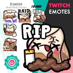 Puede incluir: Cinco emoticonos animados de Twitch que representan un personaje de bolsita de té marrón en diferentes poses. Los emoticonos están etiquetados como "HI", "RAID", "RIP" y otros dos emoticonos sin texto. Los emoticonos tienen diferentes tamaños, que van desde 28x28 píxeles hasta 112x112 píxeles.