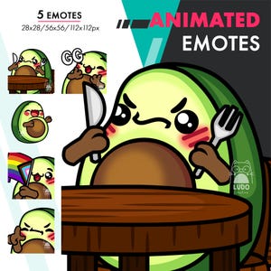 May include: Animated emotes featuring an avocado character with various expressions. The avocado holds a knife and fork, and other emotes show the avocado with a rainbow flag and other gestures. Text reads "5 Emotes" and "Animated Emotes".