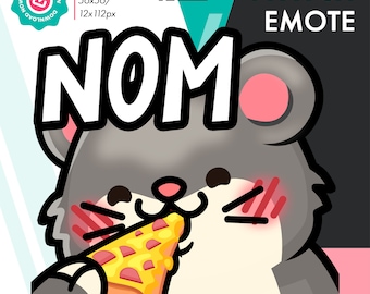 May include: A grey hamster with pink cheeks is eating a slice of pizza. The hamster is blushing and has a happy expression on its face. The text "NOM" is written in white letters with a black outline above the hamster. The text "TWITCH EMOTE" is written in white letters with a black outline in the top right corner of the image.