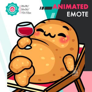 May include: An animated emote featuring a cartoon potato character relaxing in a beach chair and holding a glass of red wine. The potato has rosy cheeks and is smiling. The image includes the text "ANIMATED EMOTE".