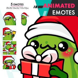 May include: Animated Christmas pickle emotes. The pickle is wearing a red Santa hat with a white trim and holding a red gift box with a white bow. The pickle has a green body, white eyes, and a pink blush on its cheeks.