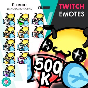 Puede incluir: Un conjunto de 11 emotes de Twitch con un personaje de abeja de dibujos animados con diferentes números y texto, incluyendo "1K", "5K", "10K", "25K", "50K", "75K", "100K", "200K", "300K", "400K" y "500K". Los emotes están diseñados para su uso en Twitch.