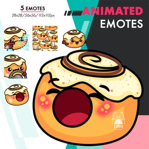 May include: Animated emojis of a cinnamon roll with different expressions, including a surprised expression with a wide open mouth, a blushing expression with red cheeks, and a driving expression with a steering wheel. The emojis are in various sizes, from 28x28 pixels to 112x112 pixels. The text "ANIMATED EMOTES" is displayed in the upper right corner of the image.