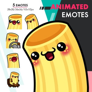 Può includere: Cinque emoji animati di un tubo di pasta dei cartoni animati con un viso sorridente. Gli emoji mostrano il tubo di pasta con diverse espressioni, tra cui sorpreso, alla guida, felice e seduto. Il testo "ANIMATED EMOTES" è visualizzato nell'angolo in alto a destra dell'immagine.
