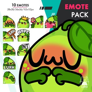 Puede incluir: Un paquete de arte digital con 10 emotes con un personaje verde lima. Los emotes muestran varias expresiones y acciones, incluyendo sostener un corazón, usar una corona y sostener letreros. El texto "EMOTE PACK" se muestra en rosa y blanco.