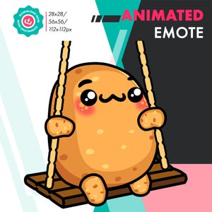 Peut inclure: Une pomme de terre de dessin animé avec un visage mignon est en train de se balancer sur une balançoire en corde. La pomme de terre est brune et a un grand sourire. La balançoire est en bois et en corde.
