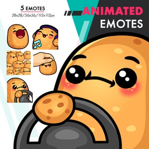 May include: Animated potato emote set with five different expressions. The potato is brown with a cute face and is shown driving a car, listening to music, and in other expressions.
